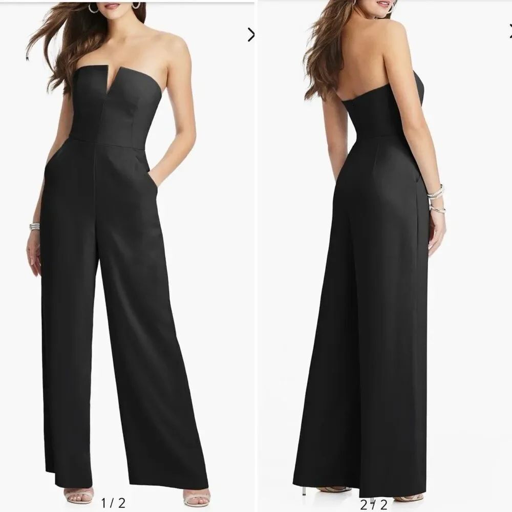 Dessy Collection Strapless Notch Crepe Jumpsuit with Pockets Black $250 14